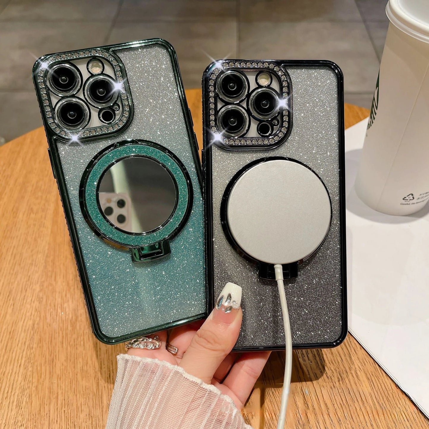 📲✨Gradient Glitter Holder Makeup Mirror Beskyttende etui