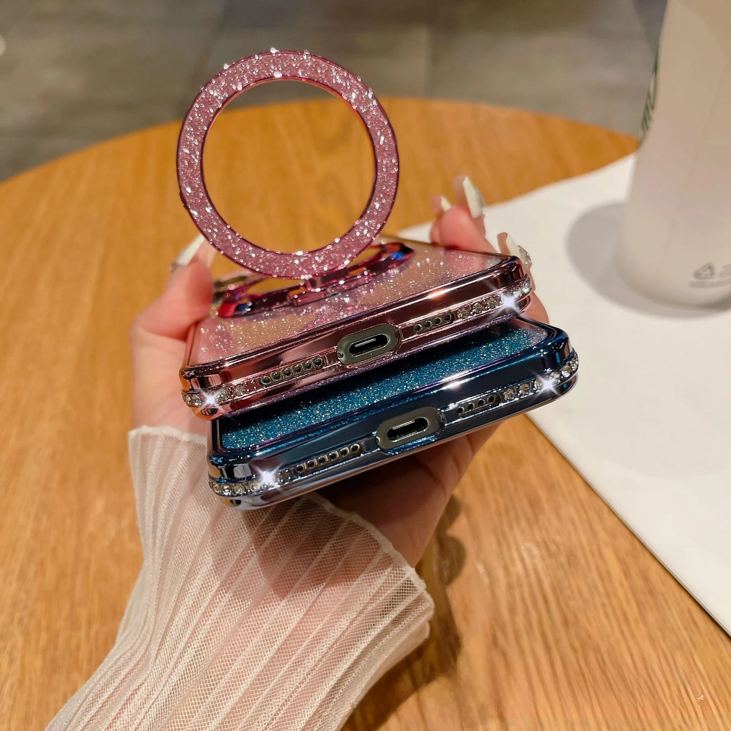 📲✨Gradient Glitter Holder Makeup Mirror Beskyttende etui